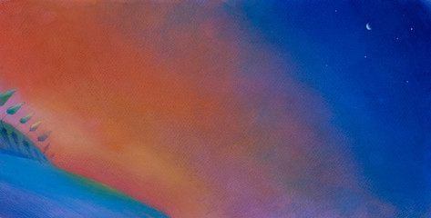 Obraz premium crayon and watercolor illustration of fiery sunset sky with sea landscape