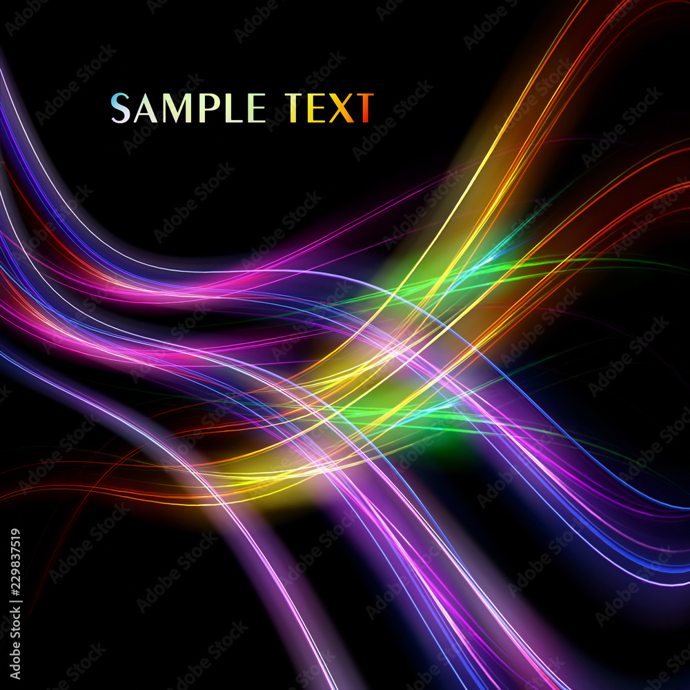 Poster abstract background with neon wavy lines on black