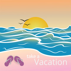 Fototapeta na wymiar Take a vacation poster . Beach sunset in pink and blue colors.