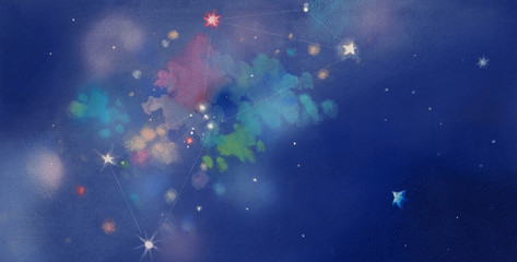 crayon and watercolor illustration of constellation of Orion