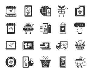 Online Shop black silhouette icons vector set