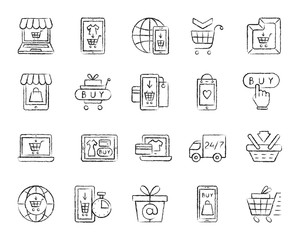 Online Shop charcoal draw line icons vector set