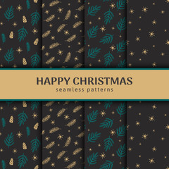 Seamless Christmas patterns with pine branches and leaves in a modern style