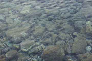 sea surface underwater fuzzy stones wallpaper concept shot idea for vacation, summer and rest theme, copy space 