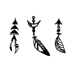 Boho feathers decoration tribal set. Hand drawn black ink vector illustration