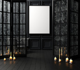 Mock-up poster in dark interior background with candles, 3d render