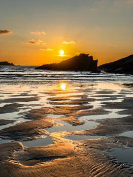 Sunset in Porth Beach, Newquay, Cornwall, England