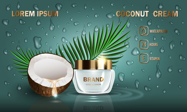 Cosmetics coconut beauty series, premium cream for skin care and set of drops. Template for design poster, placard, presentation, banners, mockup, ads, vector illustration.