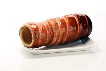 chimney cake. street food pastry with sugar for christmas.