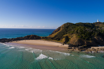 Byron Bay, New South Wales/Australia - 18 August 2018: Aerial drone image over the beach and water at Byron Bay.