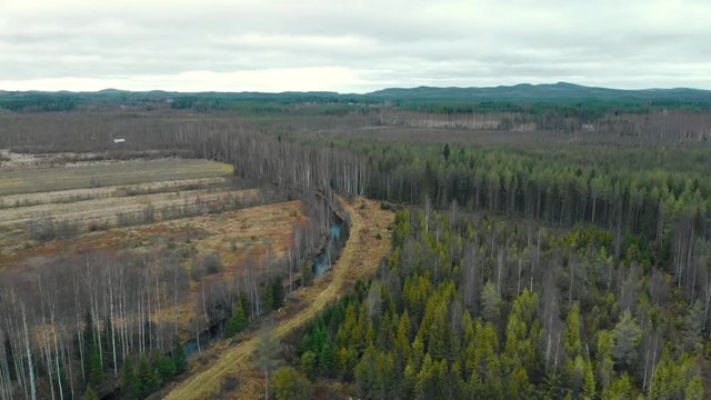 Aerial, drone shot, around a river, surrounded by leafless, autumn forest and fields, on a cold, cloudy, fall day, in Juuka, Pohjois-Karjala, Finland