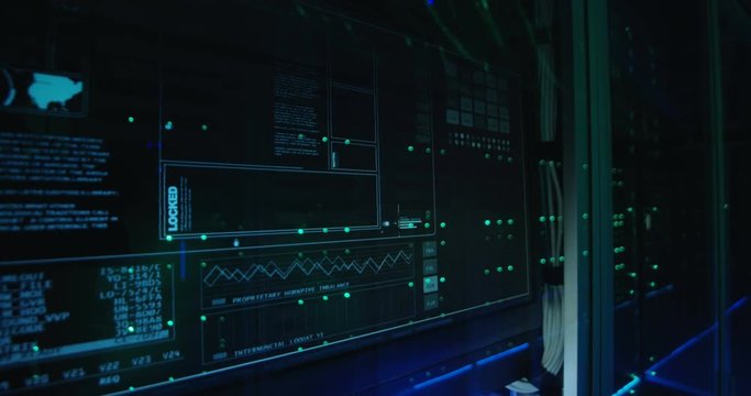Close up shot of a computer login screen in a modern data center then appear message ddos attack