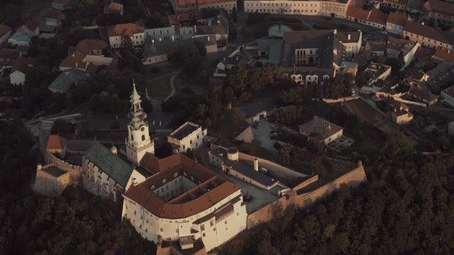 Aerial view of Nitra Historic Castle and old town at sunset