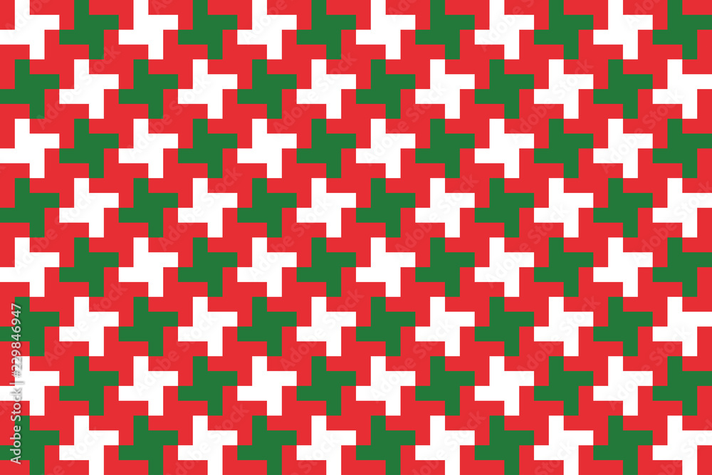 Wall mural Classic Christmas Red Green White Geometric Houndstooth Seamless Pattern. Print for Xmas Wrapping Paper or Card-making. Holiday Backgrounds. Repeating Pattern Tile Swatch Included. - Wall murals