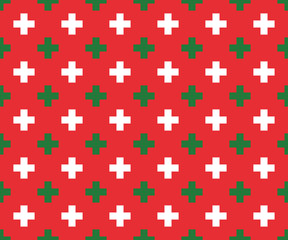 Classic Christmas Red Green White Geometric Cross Seamless Pattern. Print for Xmas Wrapping Paper or Card-making. Holiday Backgrounds. Repeating Pattern Tile Swatch Included.