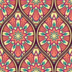 Seamless pattern with ethnic mandala ornament. Hand drawn illustration