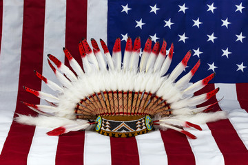 native american indian chief headdress on the usa flag background