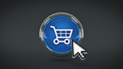 E-commerce glossy icon shopping car with mouse cursort. 3d Rendering