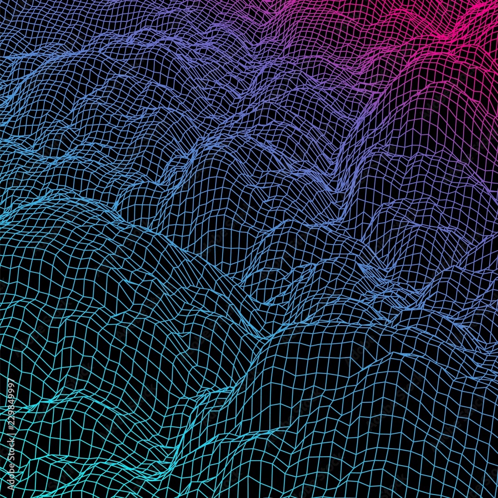 Poster digital landscape with mountains or clouds made of line grid