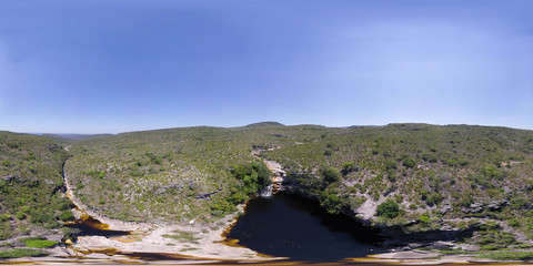 Aero View in 360 degrees of Poco do Diabo  Waterfall in Mucugezinho River - Chapada Diamantina