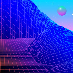 Landscape with wireframe grid of 80s styled retro computer game or science background 3d structure with blue mountains