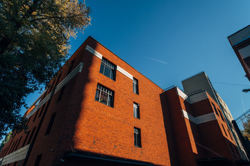 Modern red brick building, bottom view 