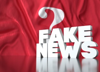 3d render, fake news lettering in front of Realistic Wavy Flag of question.