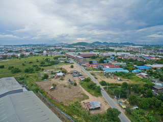 factory top view by drone. Aerial  view factory and house. Landscape