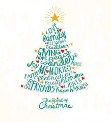 Holiday greeting card with inspiring handwritten words in Christmas tree shape. Word Cloud design.