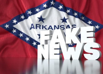 3d render, fake news lettering in front of Realistic Wavy Flag of Arkansas (1923).