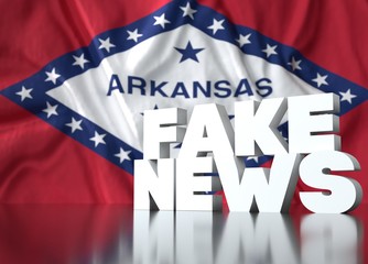 3d render, fake news lettering in front of Realistic Wavy Flag of Arkansas.