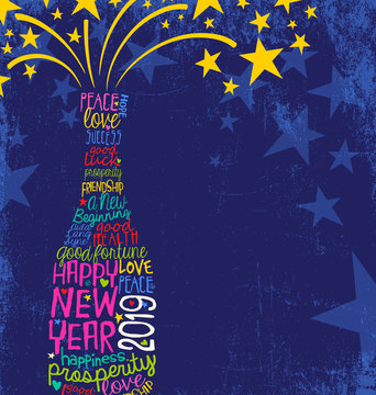 Happy New Year 2019 design. Abstract champagne bottle with inspiring handwritten words, bursting stars. Blue background with space for text.