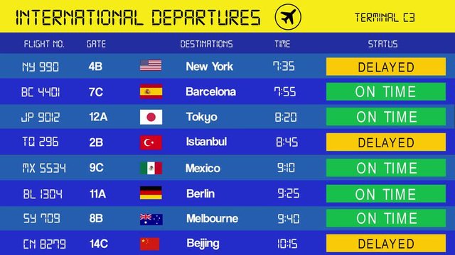 Animated airport departures timetable delayed flights on the list (bad weather, terrorist attack, strike etc.) . 4k screen resolution