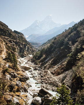 View of Dudh Kosi river passing through mountains