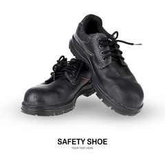 Safety shoe black work boots on white background .