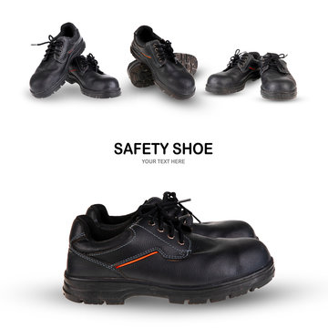 Safety Shoe Black Work Boots On White Background .