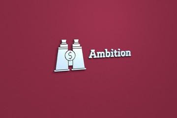 3D illustration of Ambition, light blue color and light blue text with red background.