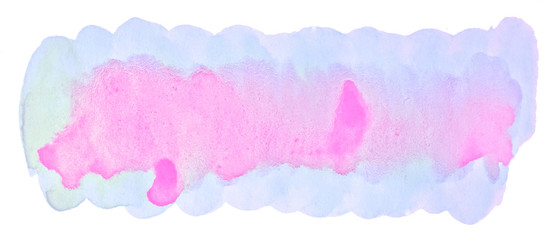 Lilac pastel watercolor hand-drawn isolated wash stain on white background for text, design. Abstract texture made by brush for wallpaper, label.