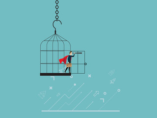 businessman using telescope from bird cage