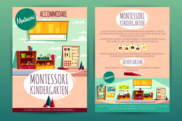 Vector brochures with Montessori kindergarten, teaching in cartoon preschool institution for children. Booklets, pamphlets with a school class, recreational stuff and interior of the kids room.