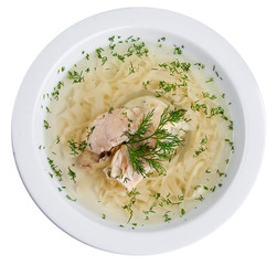 Chicken broth with noodles. On a white background