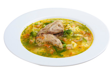 Vegetable soup with chicken. On a white background