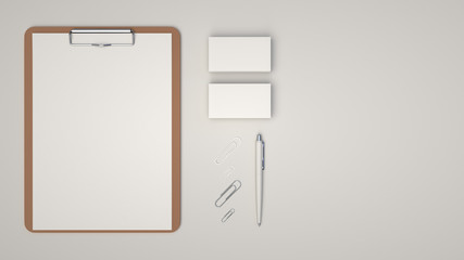Clipboard, business cards, paper clips and pen