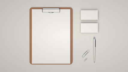 Clipboard, business cards, paper clips and pen