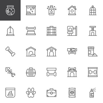 Pet shop outline icons set. linear style symbols collection line signs pack vector graphics. Set includes icons as Aquarium, Bird house, Portable Cage, Cat house, Fish food, Dog Bone, Pet carrier, Paw