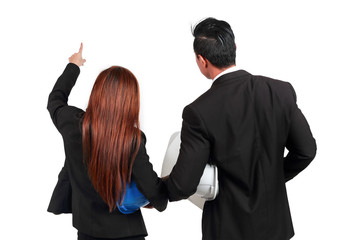 portrait engineering man and businesswoman isolated and white background