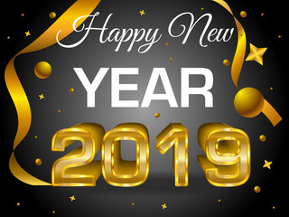 Happy new year colorful 3D text 2019 vector template with ball and confetti on black background
