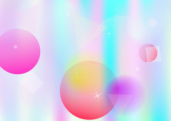 Holographic simple memphis vector background. Gradient unicorn horizontal color overlay. Minimal corporate identity geometric holograph pattern. Chaotic trendy bauhaus funky falling memphis layout.