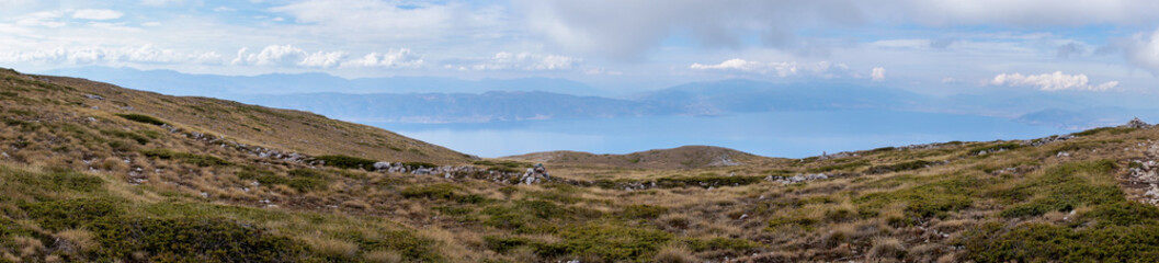 Panorama view with Lake Ohrid at National Park Galicica, Macedonia.