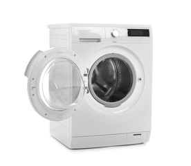 Modern washing machine on white background. Laundry day